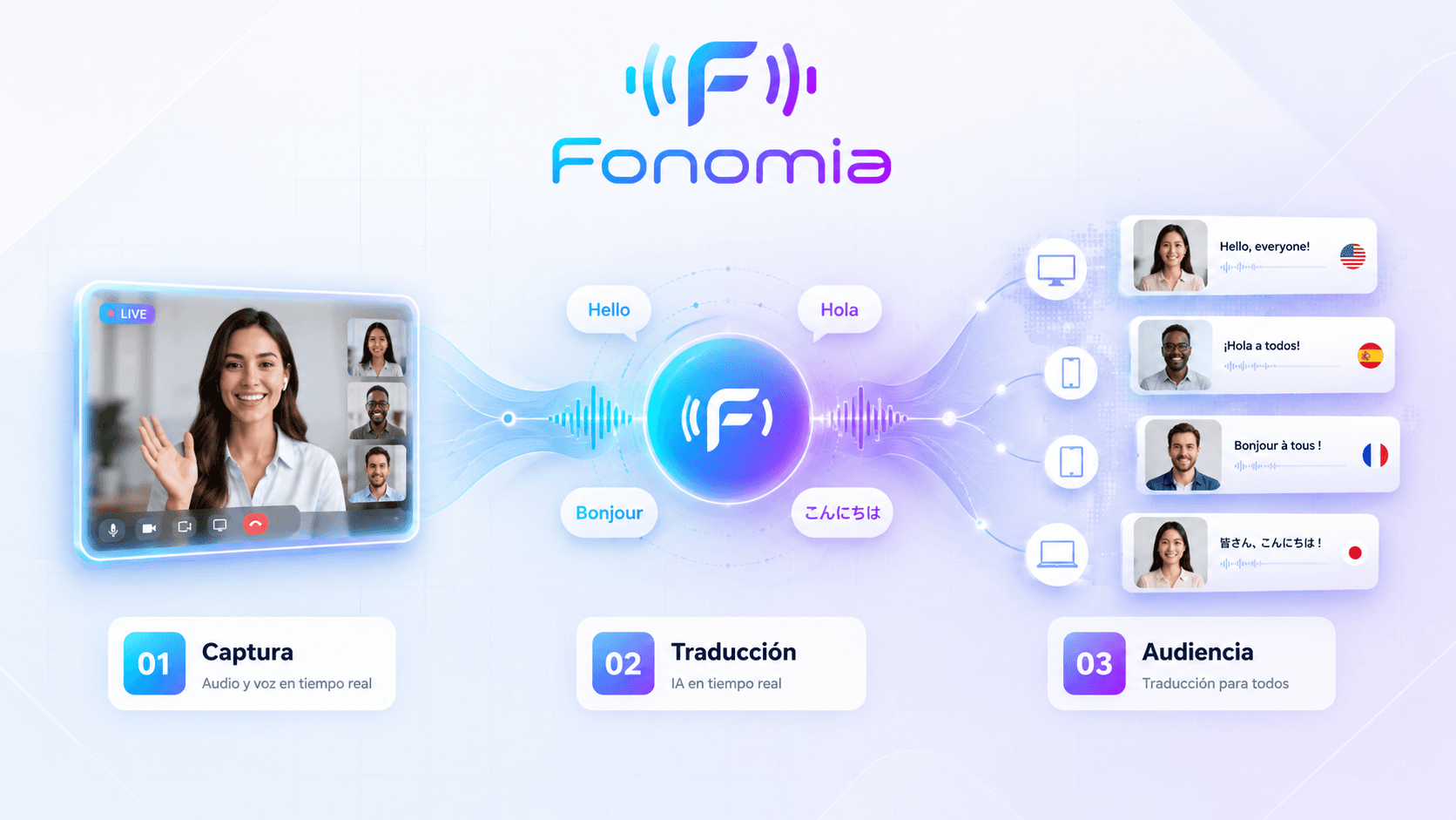 Fonomia connects capture, translation, and audience in a multilingual online event.
